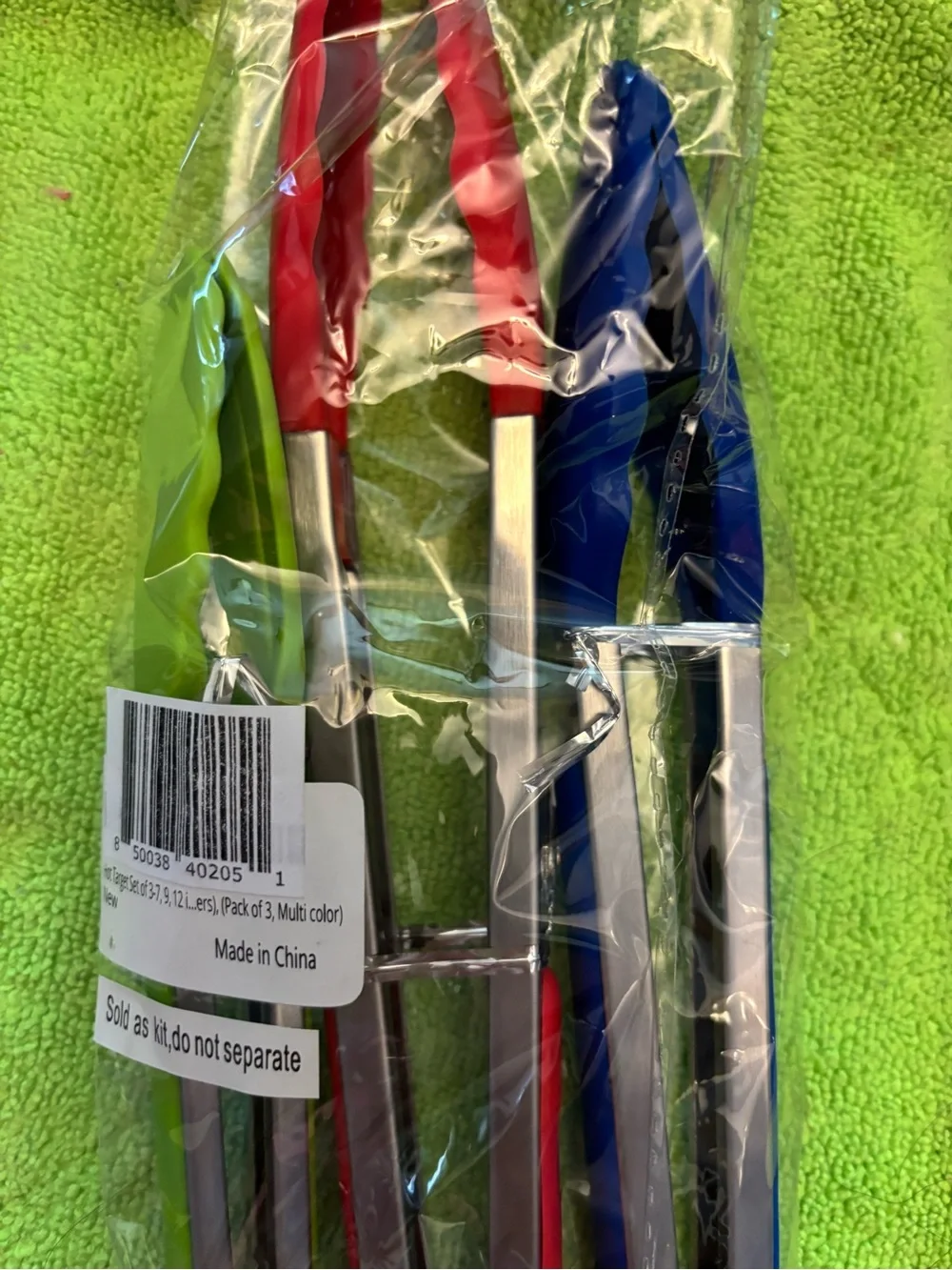 Set of 3 Kitchen Tongs in Red, Blue and Green